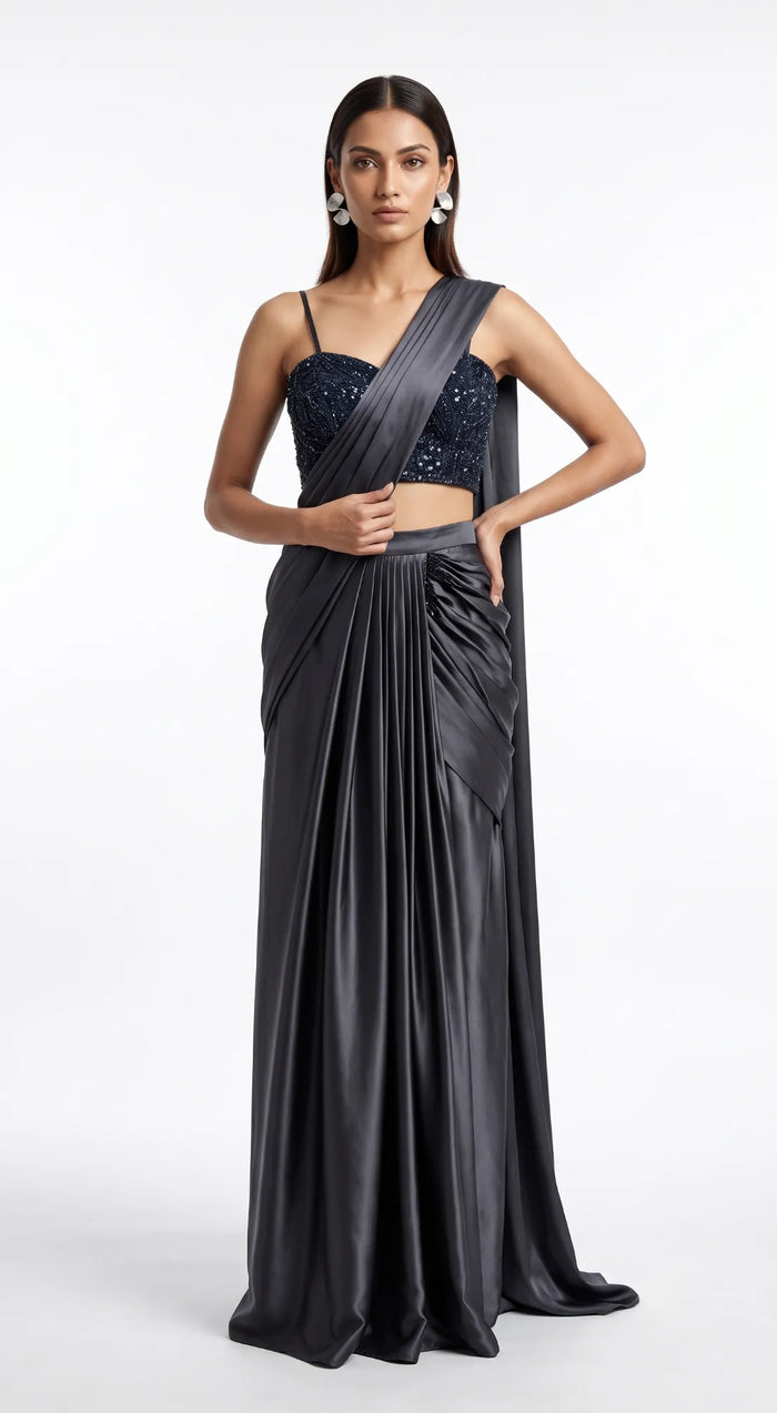 CHARCOAL GREY EMBROIDERED DRAPED SAREE - BRO-1116-BLACK - image 1