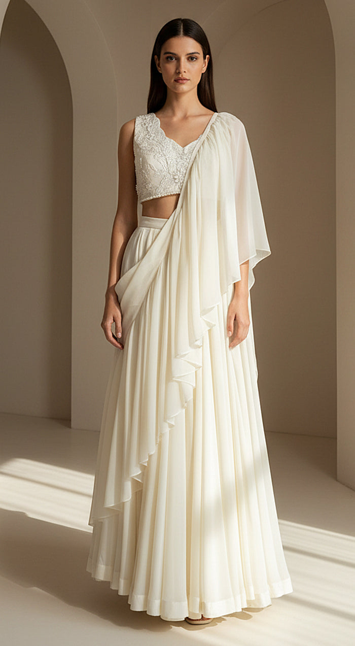 Ivory Organza Embroidered Pleated Saree