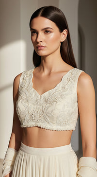 Ivory Organza Embroidered Pleated Saree