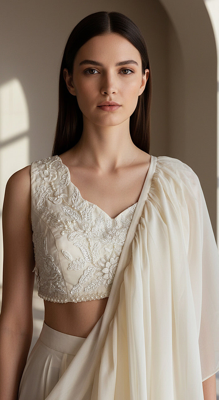 Ivory Organza Embroidered Pleated Saree