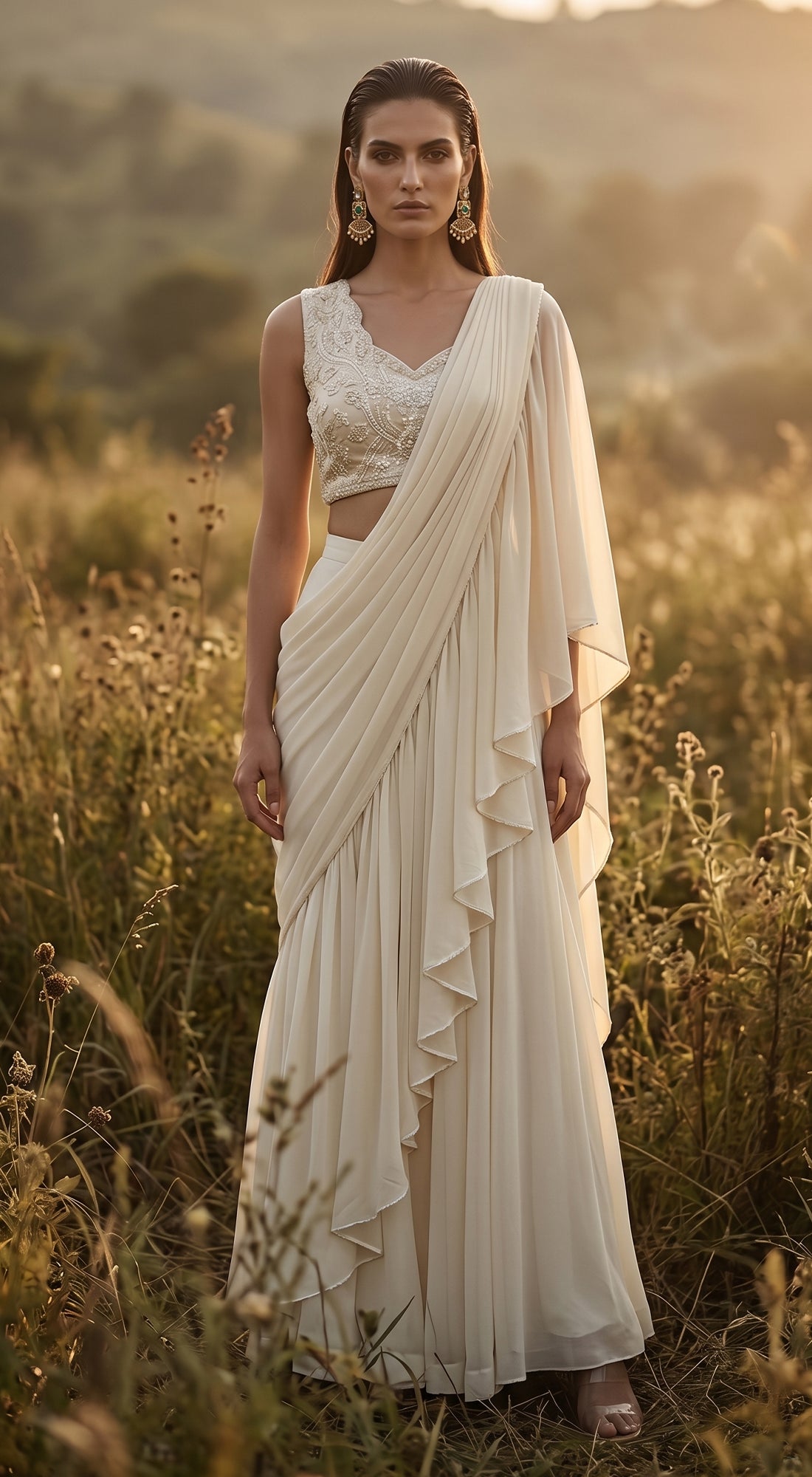 Ivory Organza Embroidered Pleated Saree