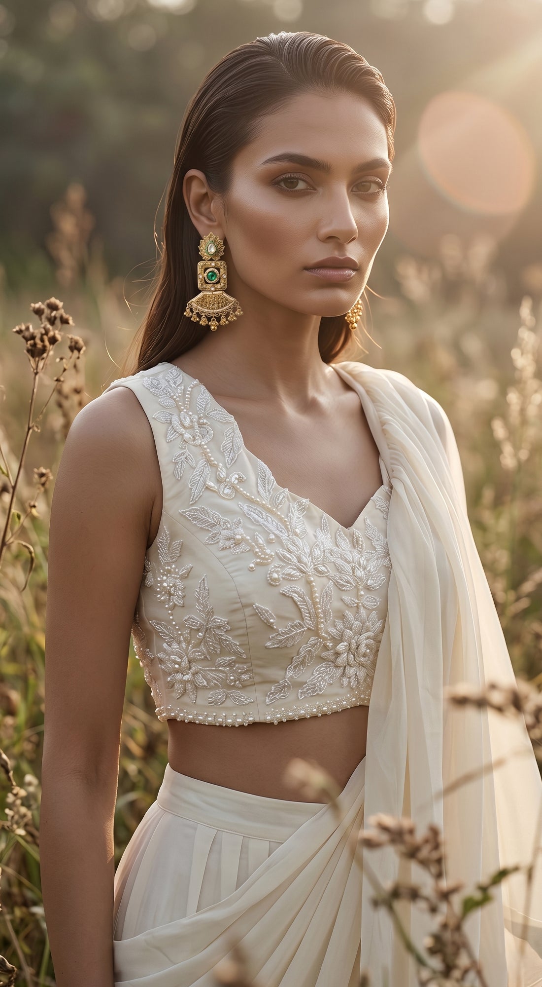 Ivory Organza Embroidered Pleated Saree