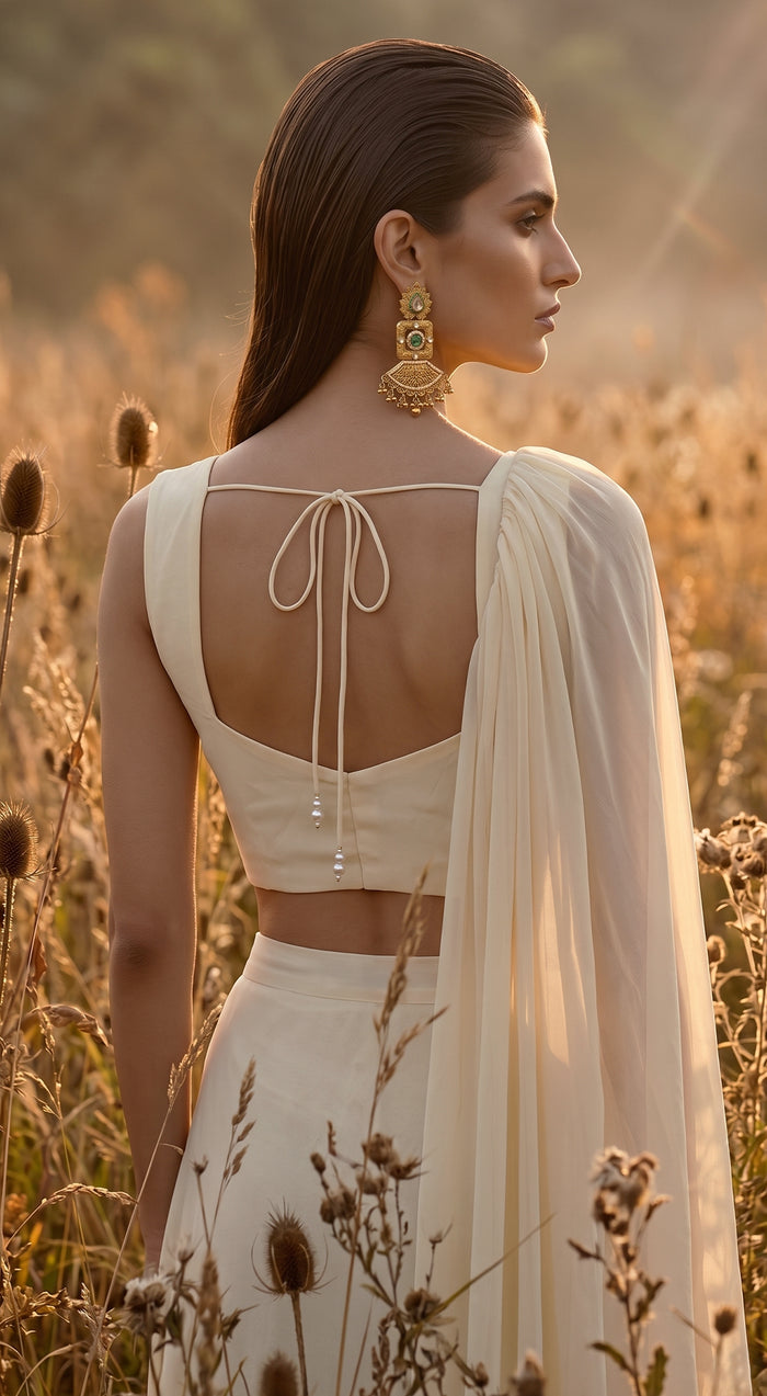 Ivory Organza Embroidered Pleated Saree