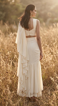 Ivory Organza Embroidered Pleated Saree