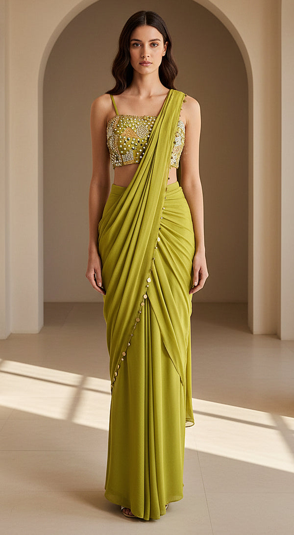 Green chinon embroidered draped saree by Basanti Kapde Aur Koffee with bead work