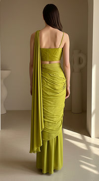 Green Chinon Embroidered Draped Saree