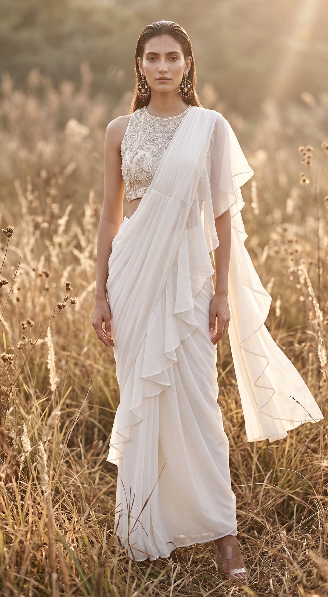 Ivory Organza Embroidered Draped Saree