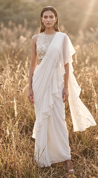 Ivory Organza Embroidered Draped Saree