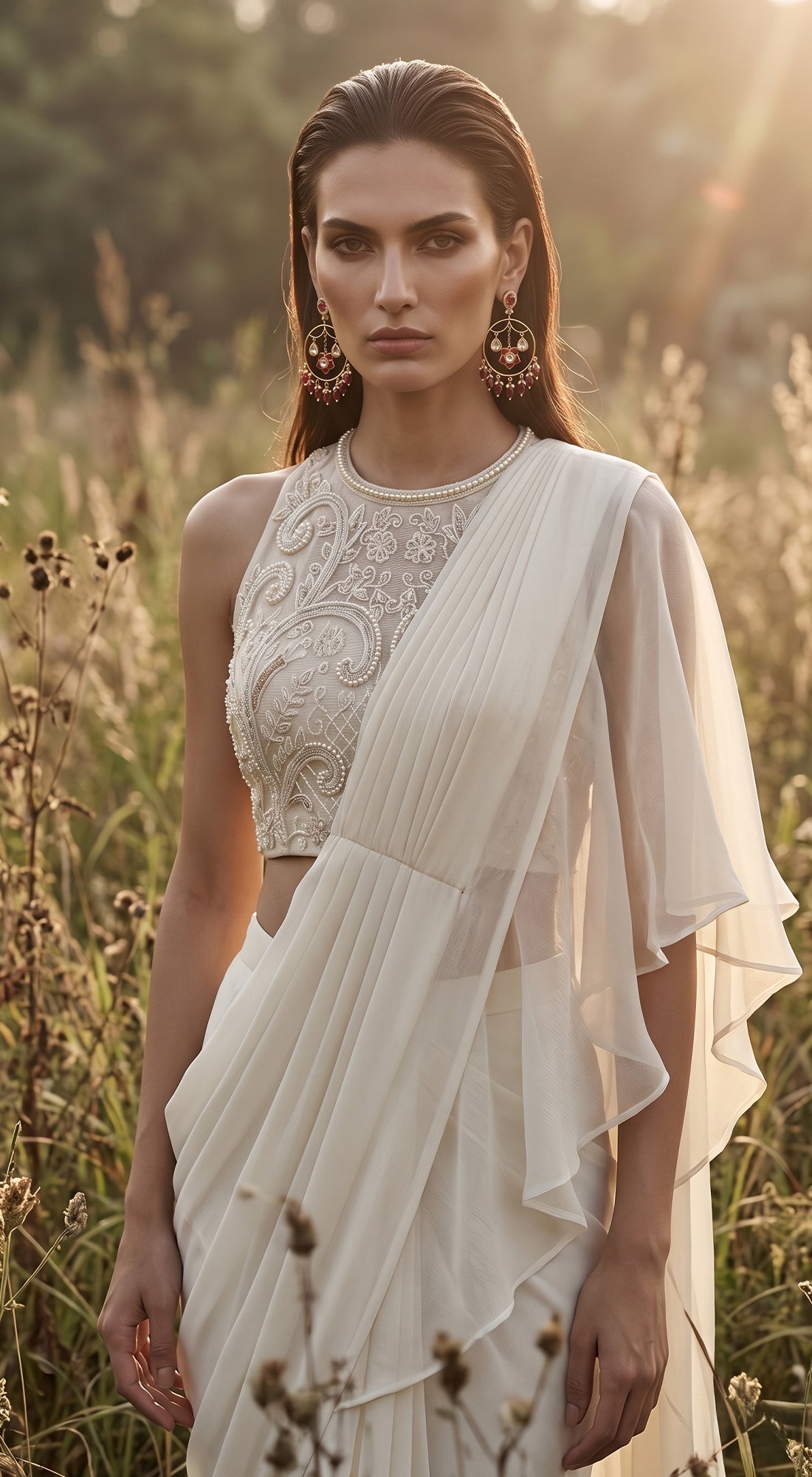 Ivory Organza Embroidered Draped Saree
