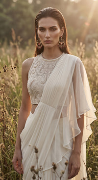 Ivory Organza Embroidered Draped Saree