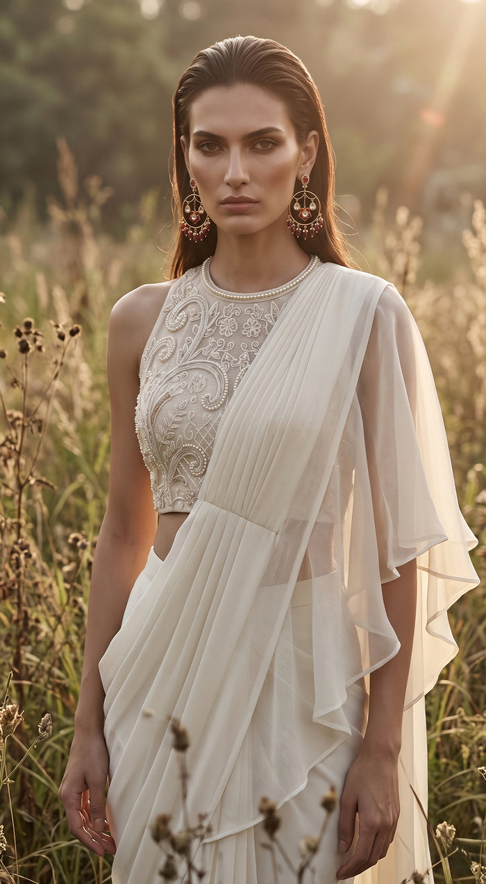Ivory Organza Embroidered Draped Saree