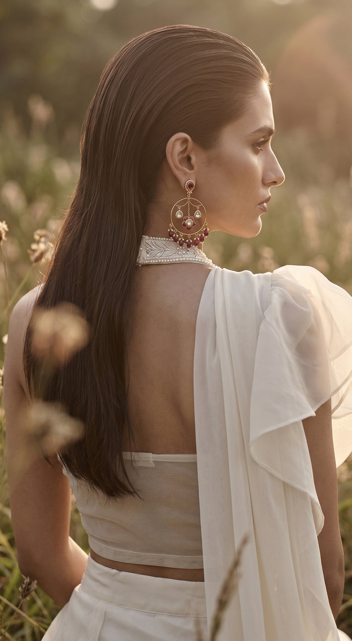 Ivory Organza Embroidered Draped Saree