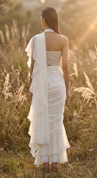 Ivory Organza Embroidered Draped Saree