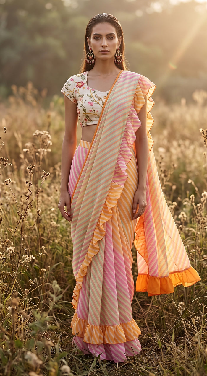 Yellow Georgette Abstract Draped Saree
