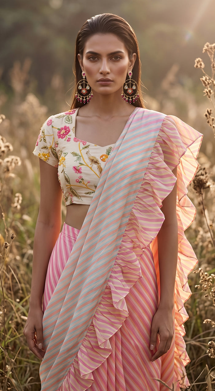 Yellow Georgette Abstract Draped Saree
