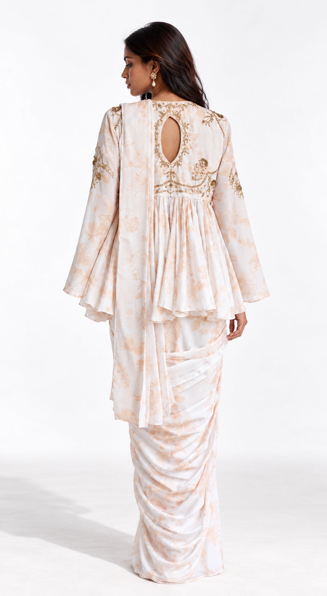 IVORY FLORAL PEPLUM DRAPED SAREE - BRO-570-IVORY - image 4