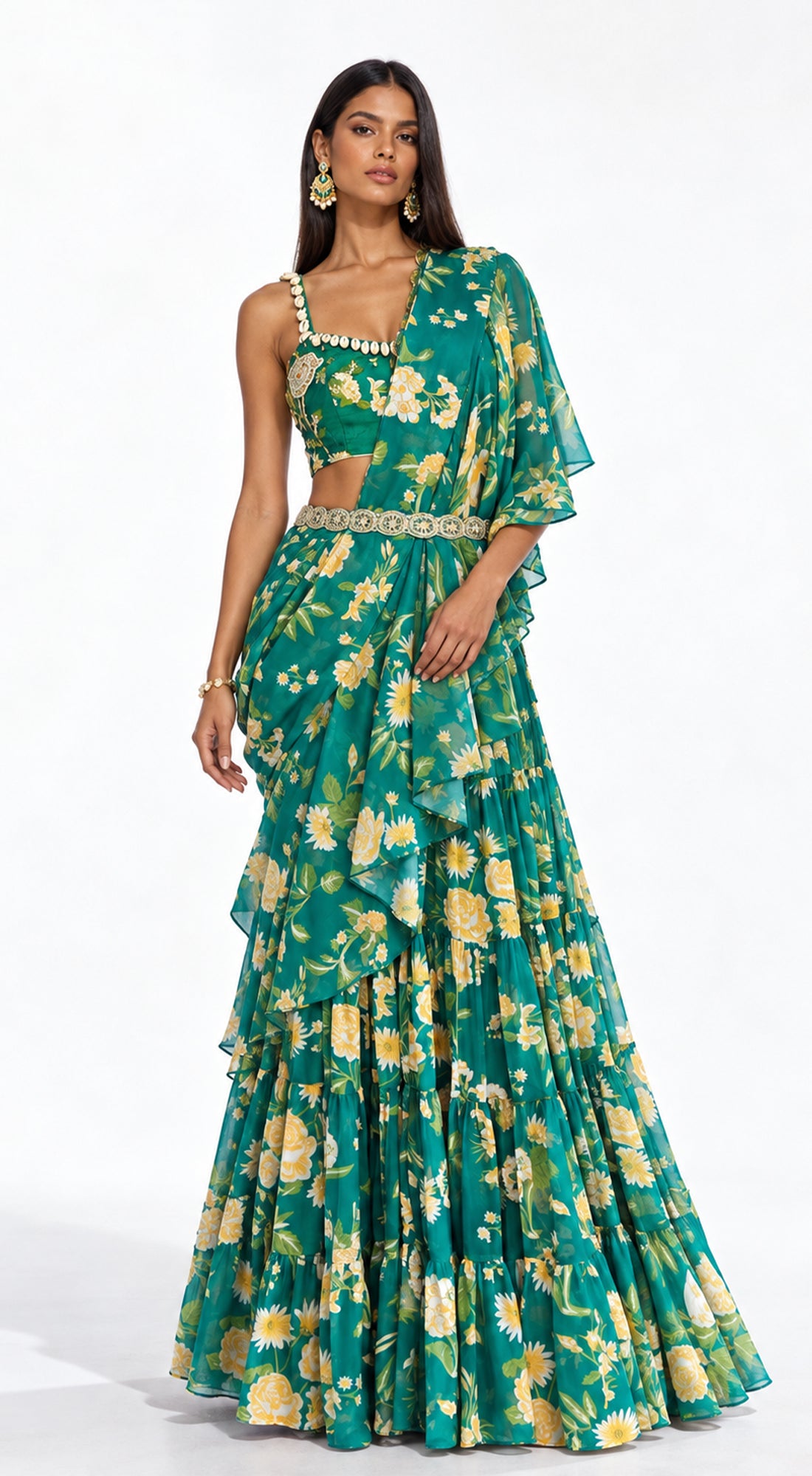 GREEN EMBELLISHED FLORAL DRAPED SAREE - BRO-627-BOTTLE-GREEN - image 1