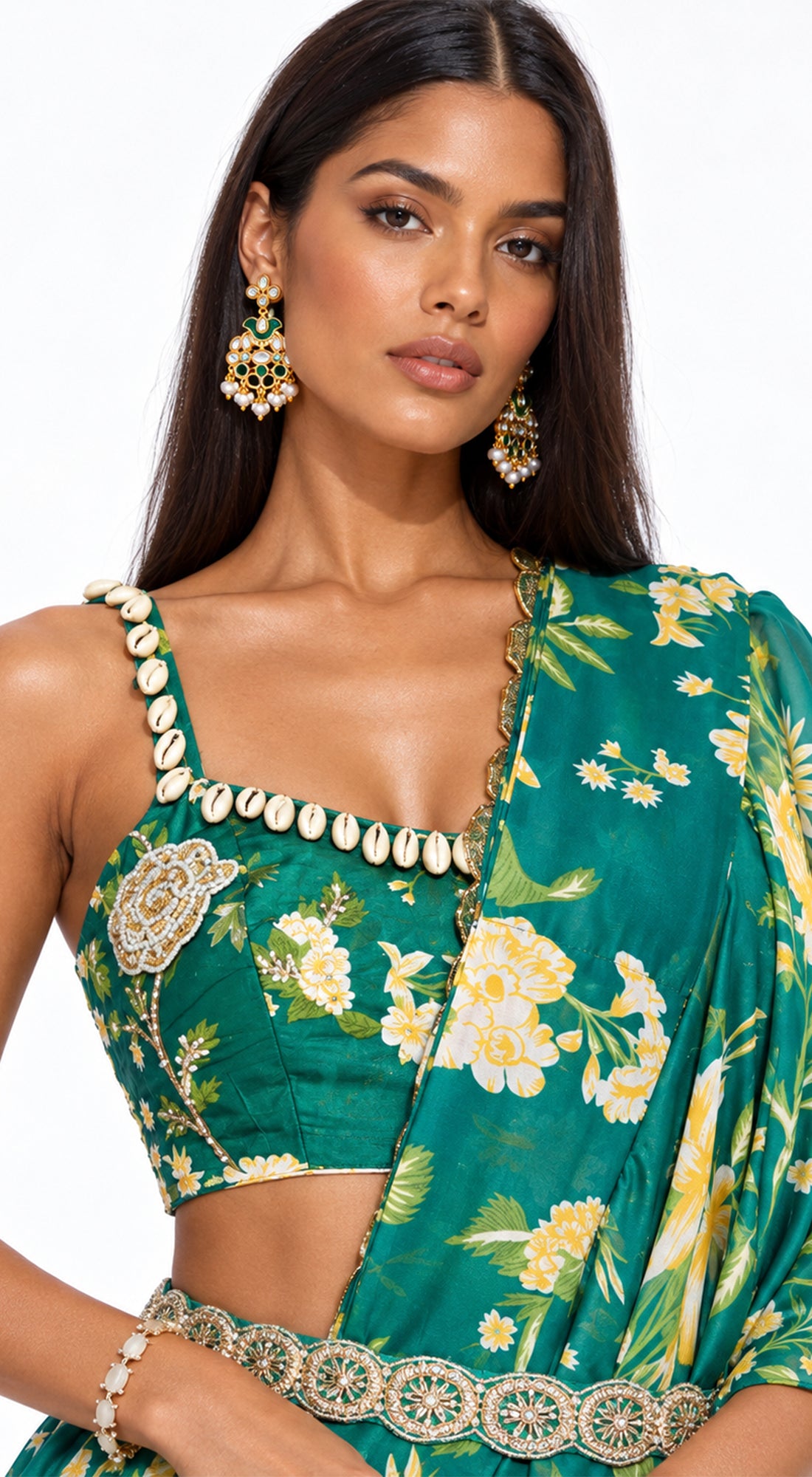 GREEN EMBELLISHED FLORAL DRAPED SAREE - BRO-627-BOTTLE-GREEN - image 2