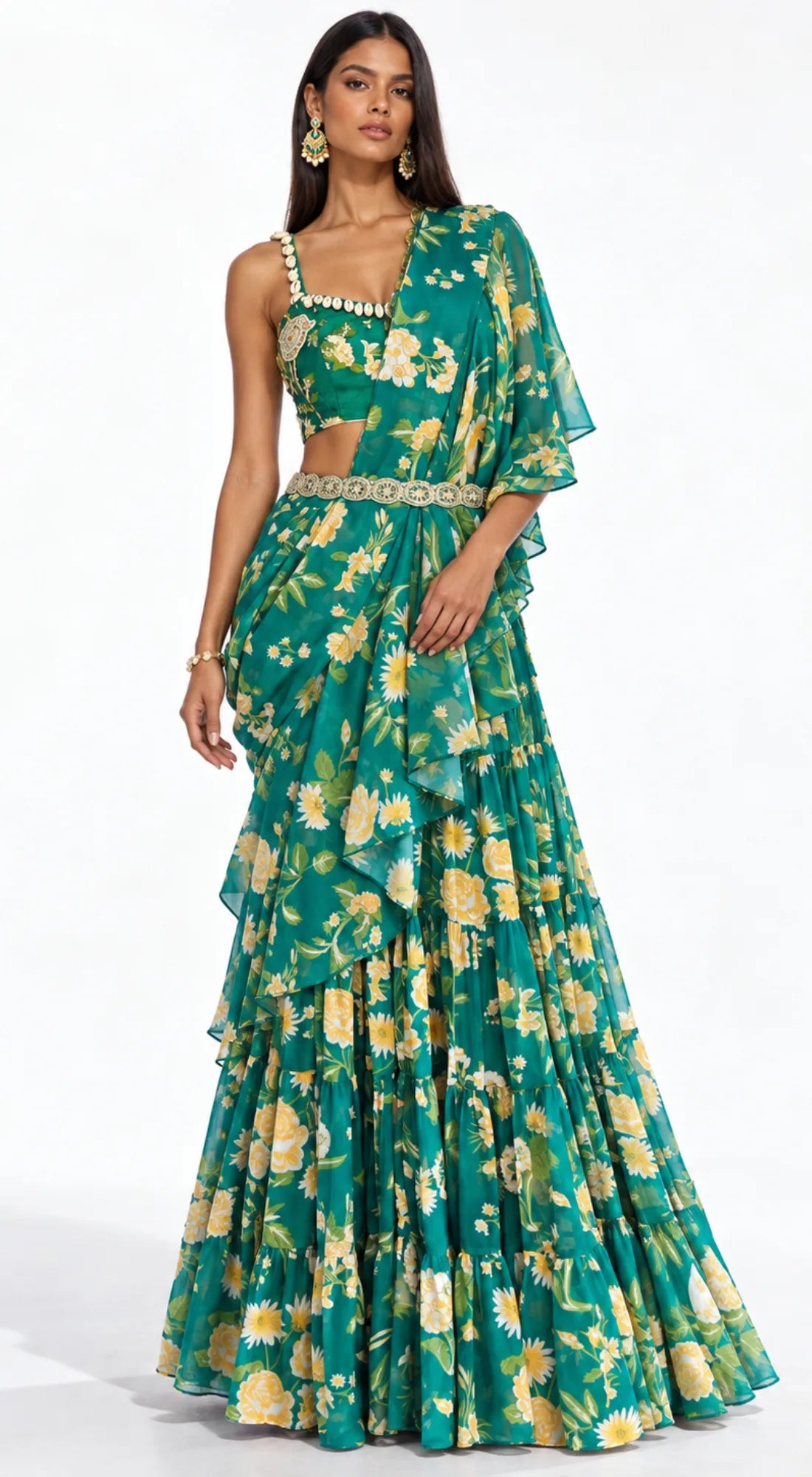 GREEN EMBELLISHED FLORAL DRAPED SAREE - BRO-627-BOTTLE-GREEN - image 1