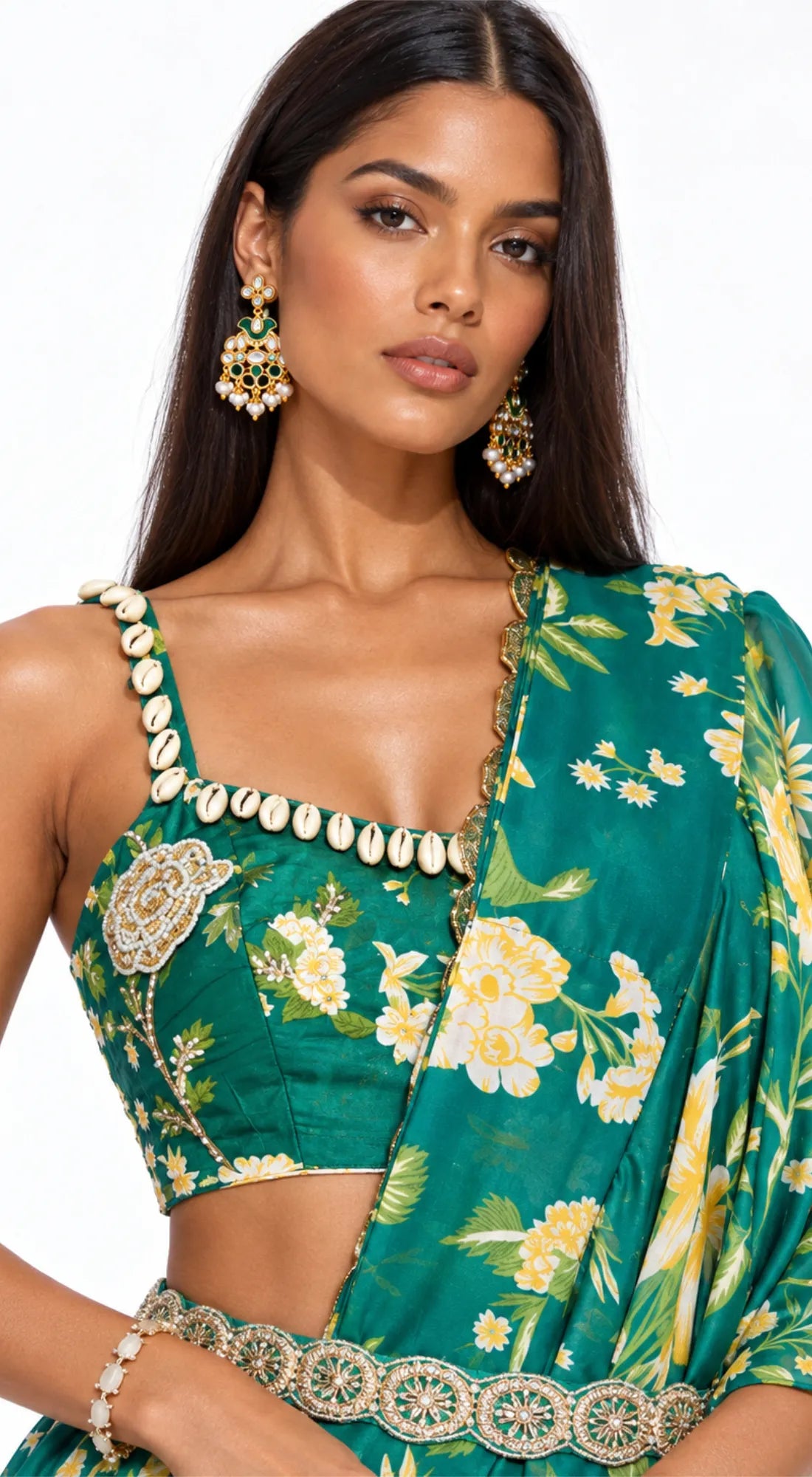 GREEN EMBELLISHED FLORAL DRAPED SAREE - BRO-627-BOTTLE-GREEN - image 2