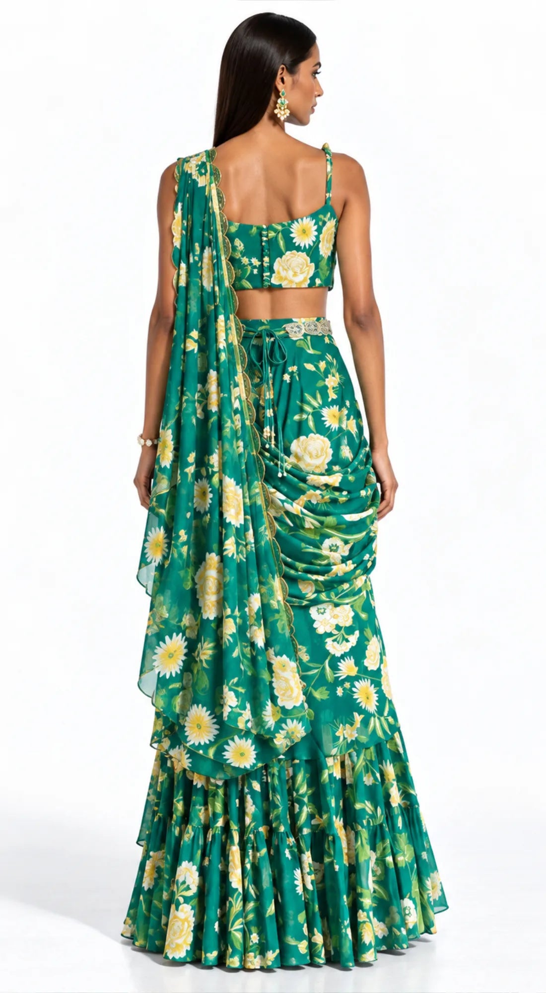 GREEN EMBELLISHED FLORAL DRAPED SAREE - BRO-627-BOTTLE-GREEN - image 4