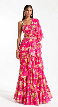 RANI PINK EMBELLISHED FLORAL DRAPED SAREE - BRO-627-RANI-PINK - image 1