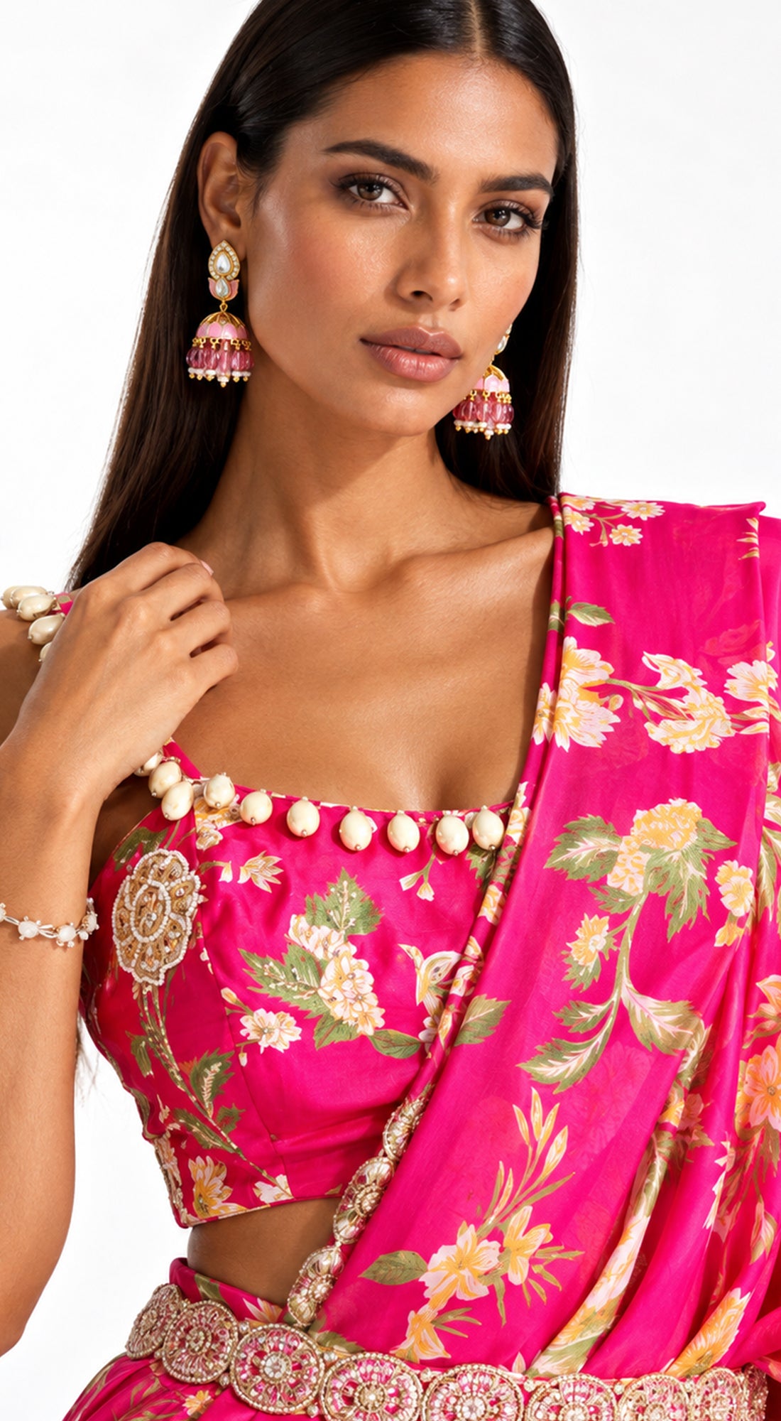 RANI PINK EMBELLISHED FLORAL DRAPED SAREE - BRO-627-RANI-PINK - image 2