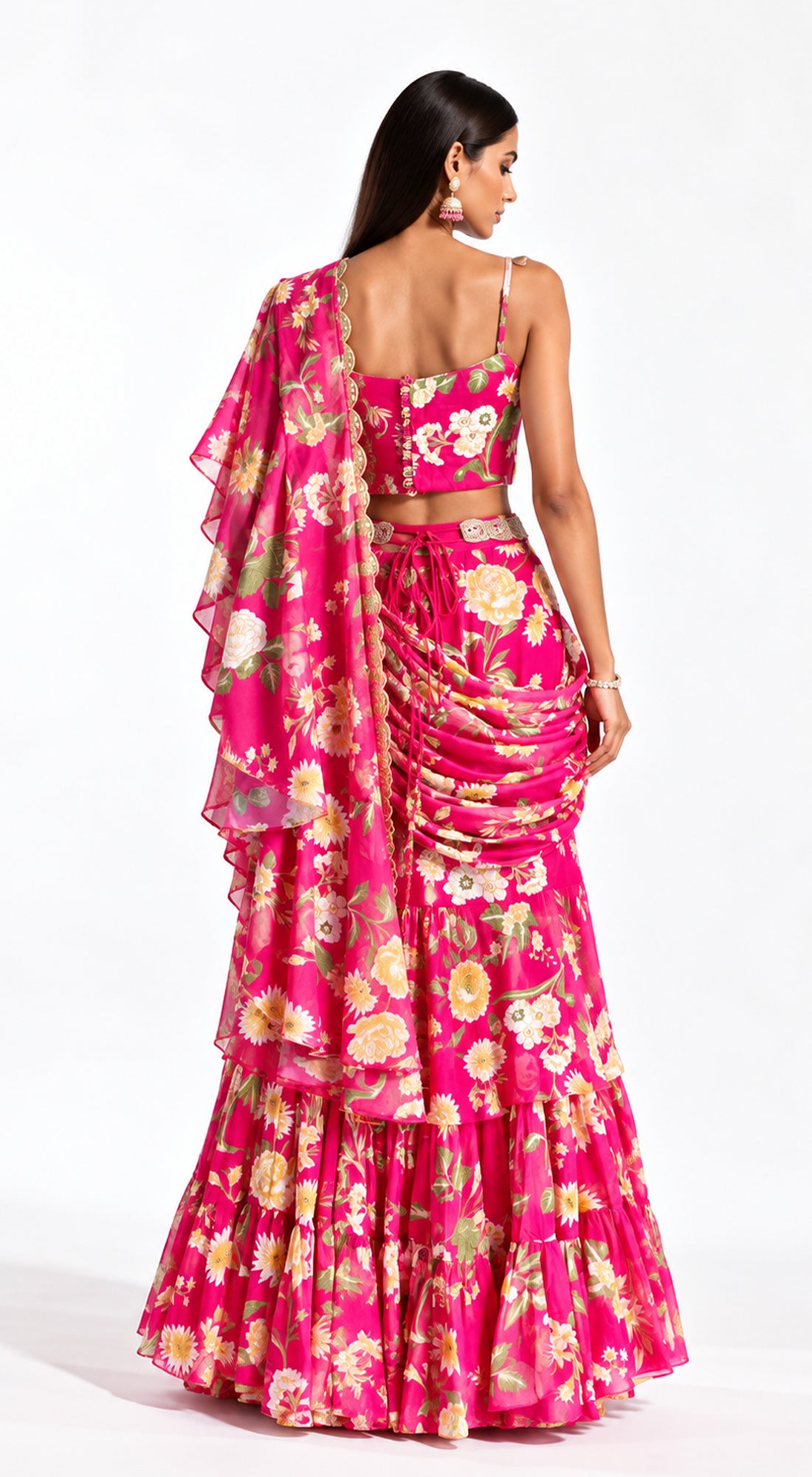 RANI PINK EMBELLISHED FLORAL DRAPED SAREE - BRO-627-RANI-PINK - image 3