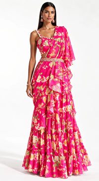 RANI PINK EMBELLISHED FLORAL DRAPED SAREE - BRO-627-RANI-PINK - image 1