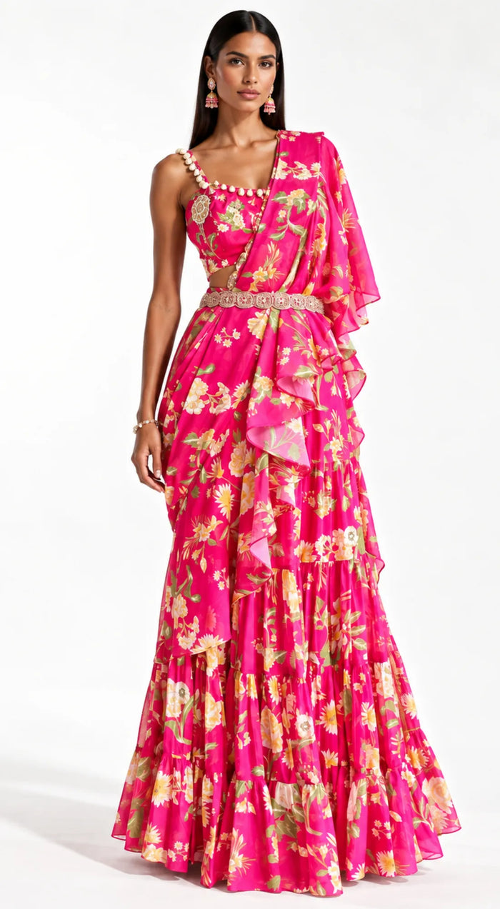 RANI PINK EMBELLISHED FLORAL DRAPED SAREE - BRO-627-RANI-PINK - image 1