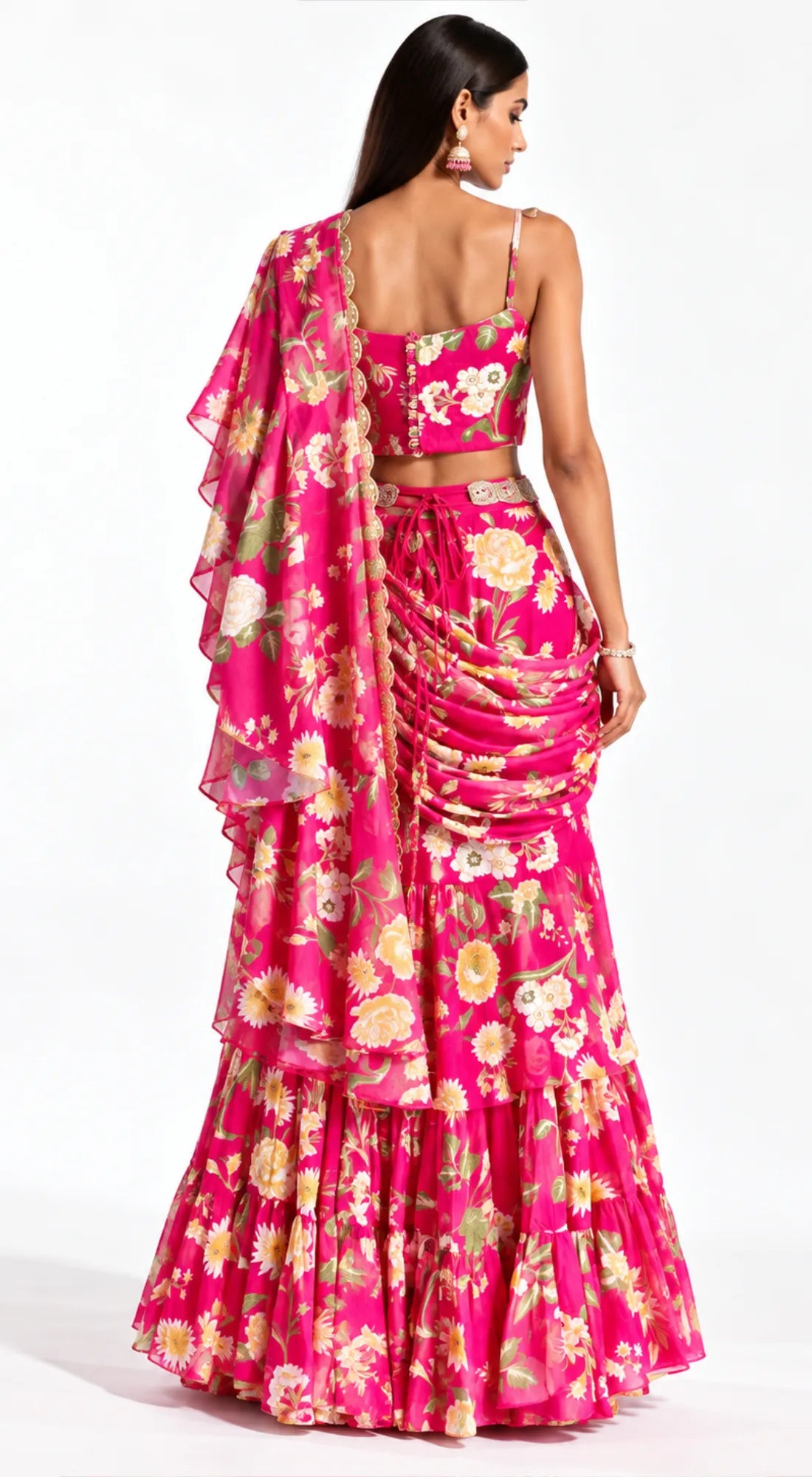 RANI PINK EMBELLISHED FLORAL DRAPED SAREE - BRO-627-RANI-PINK - image 3