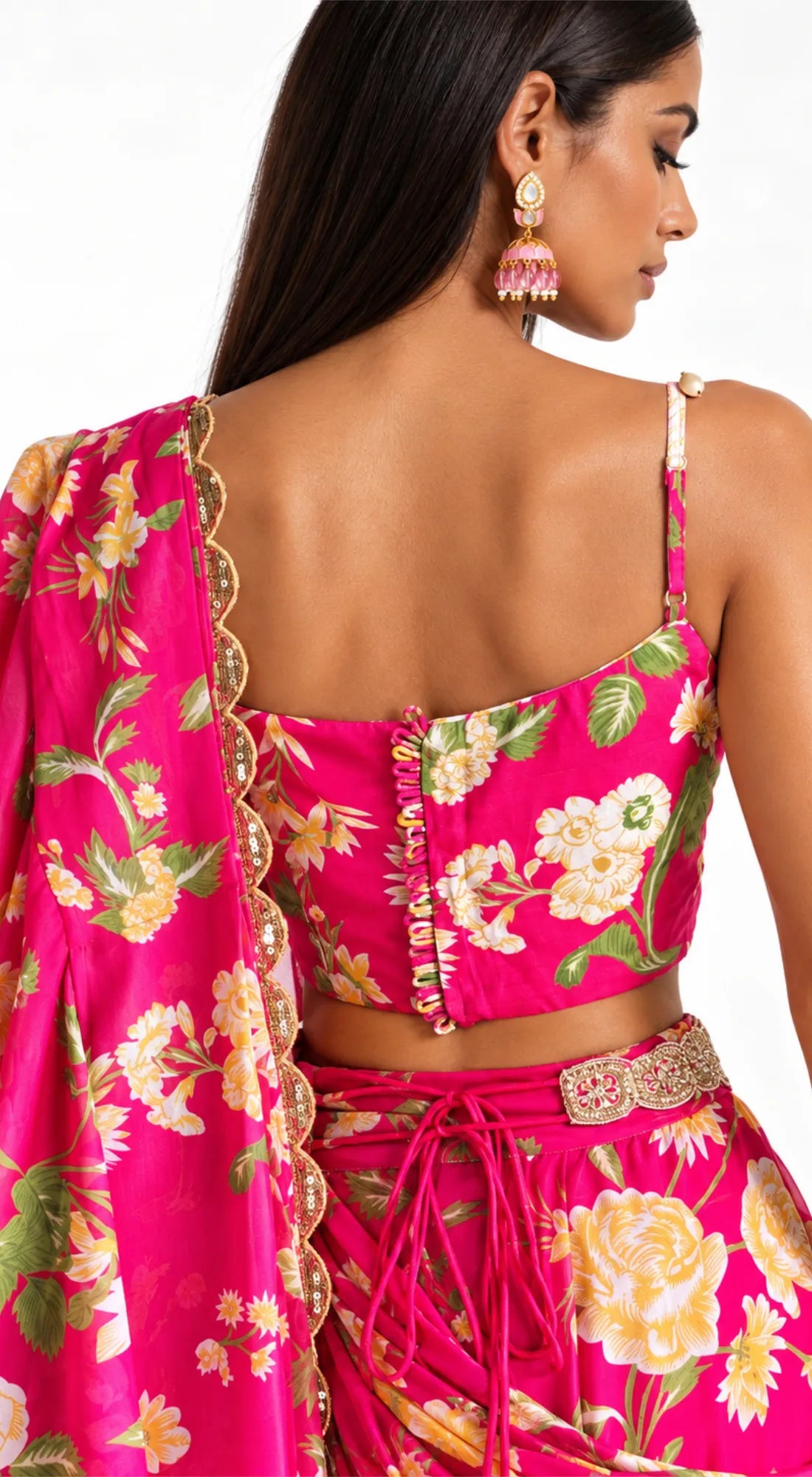RANI PINK EMBELLISHED FLORAL DRAPED SAREE - BRO-627-RANI-PINK - image 4