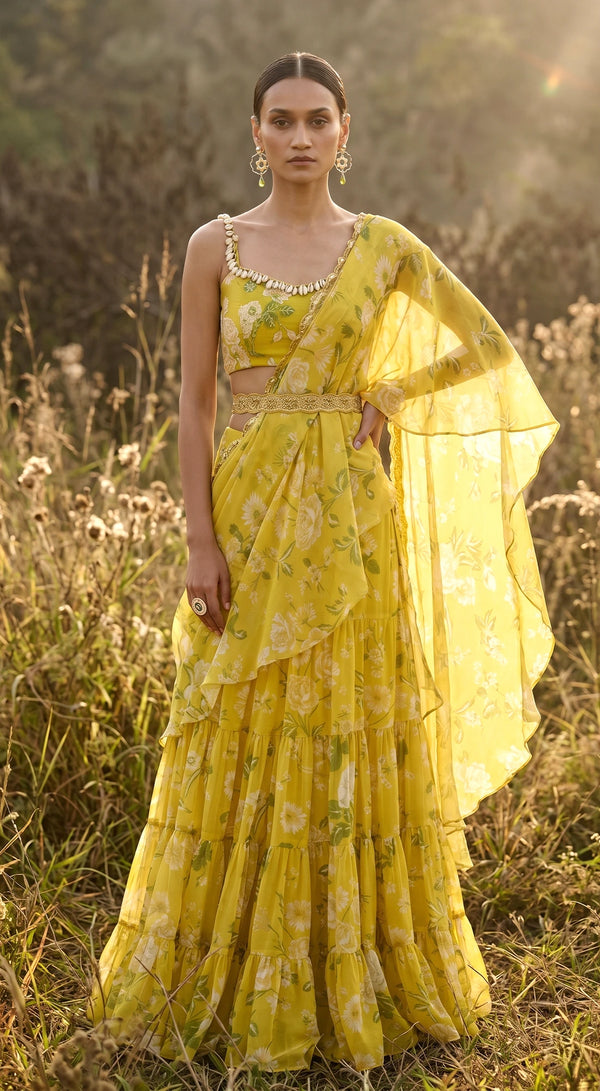 Yellow Embellished Floral Draped Saree