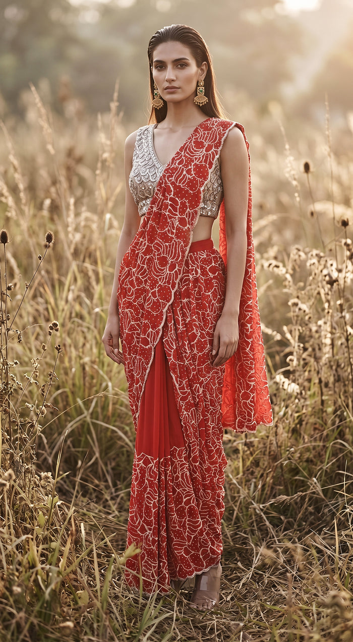Red Organza Embroidered Draped Saree