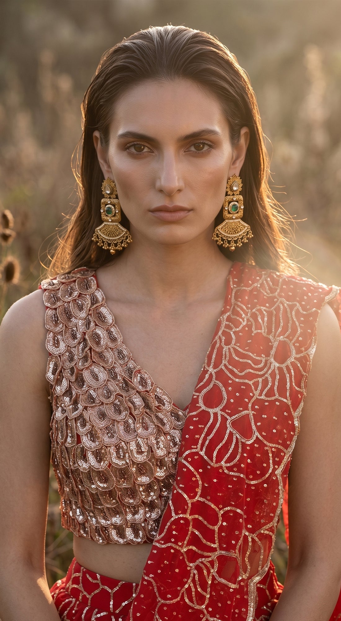 Red Organza Embroidered Draped Saree