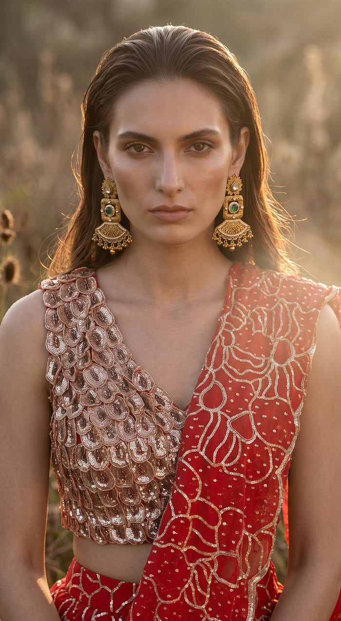 Red Organza Embroidered Draped Saree
