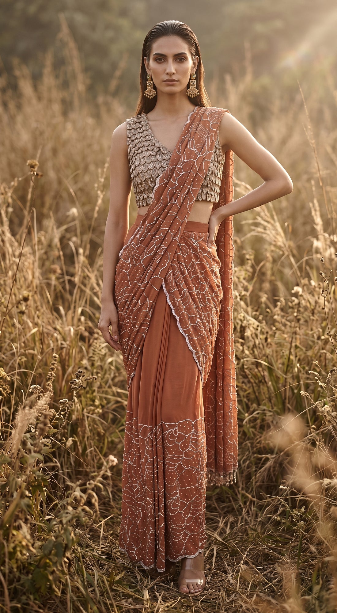 Rust Organza Embroidered Draped Saree