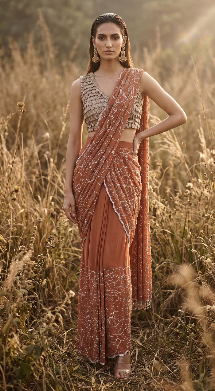 Rust Organza Embroidered Draped Saree