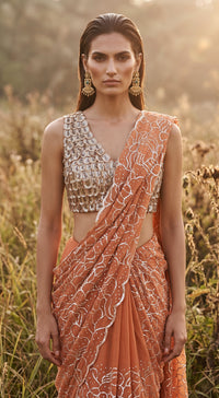 Rust Organza Embroidered Draped Saree
