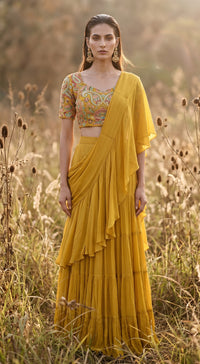 Mustard Chinon Embroidered Draped Saree
