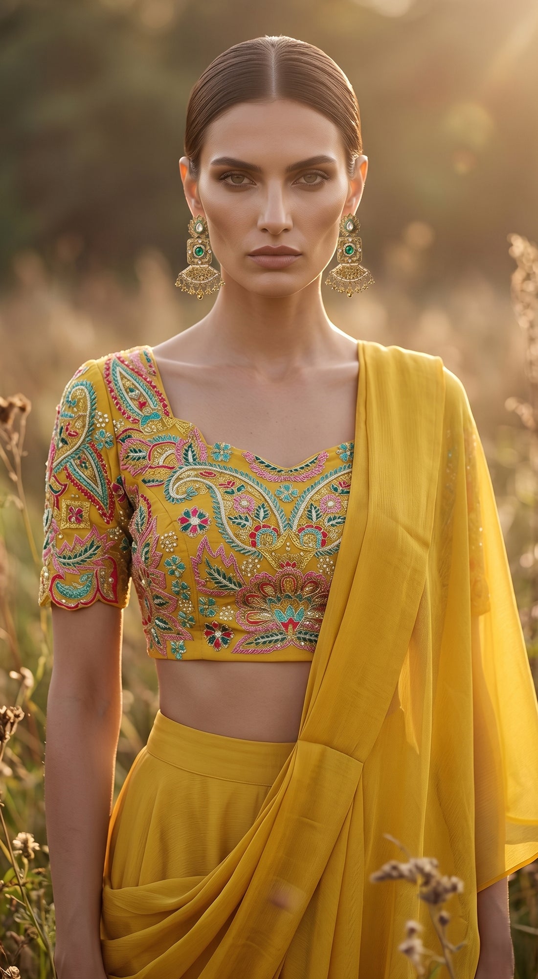 Mustard Chinon Embroidered Draped Saree