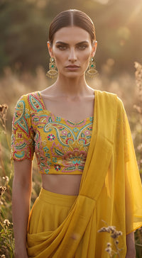 Mustard Chinon Embroidered Draped Saree