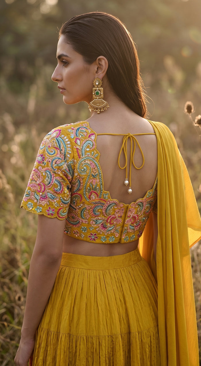 Mustard Chinon Embroidered Draped Saree