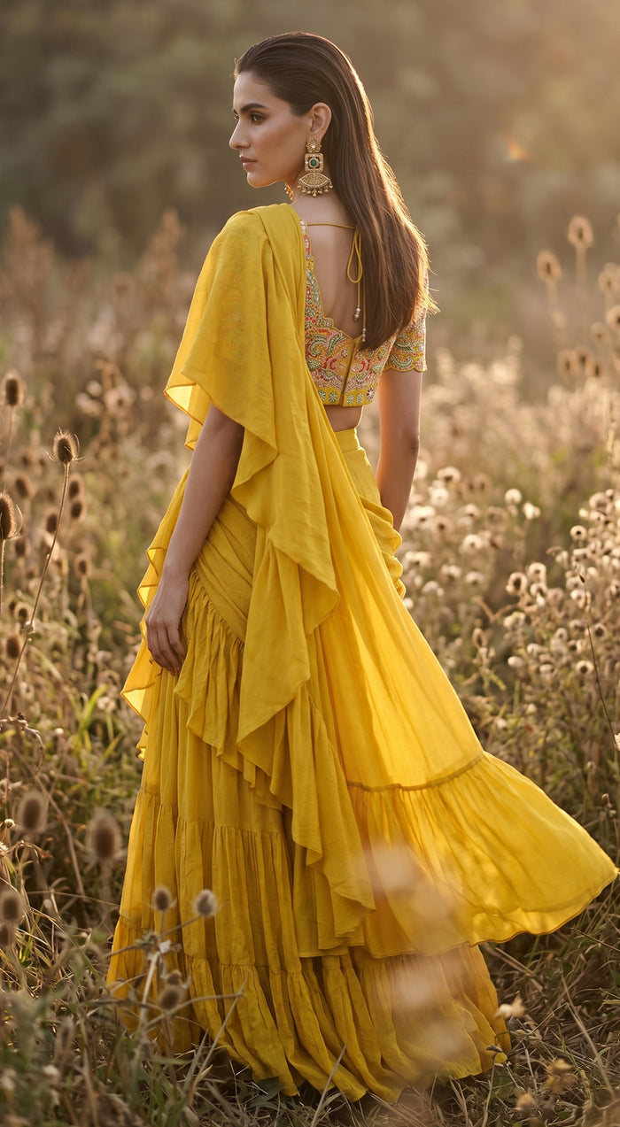 Mustard Chinon Embroidered Draped Saree