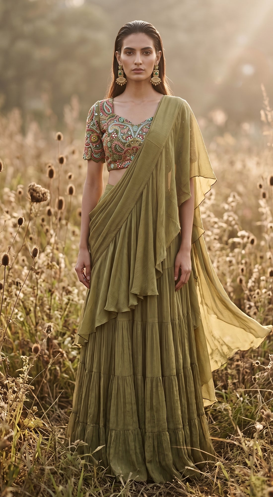 Olive-Green Chinon Embroidered Draped Saree