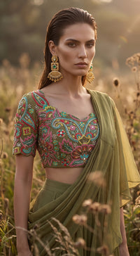 Olive-Green Chinon Embroidered Draped Saree