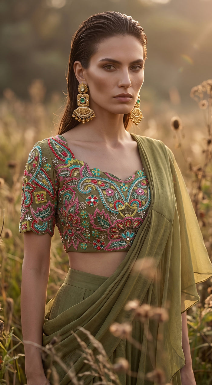 Olive-Green Chinon Embroidered Draped Saree