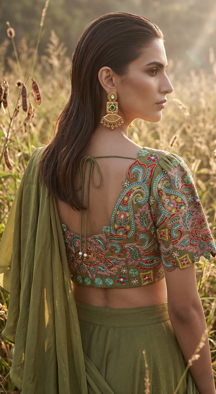 Olive-Green Chinon Embroidered Draped Saree