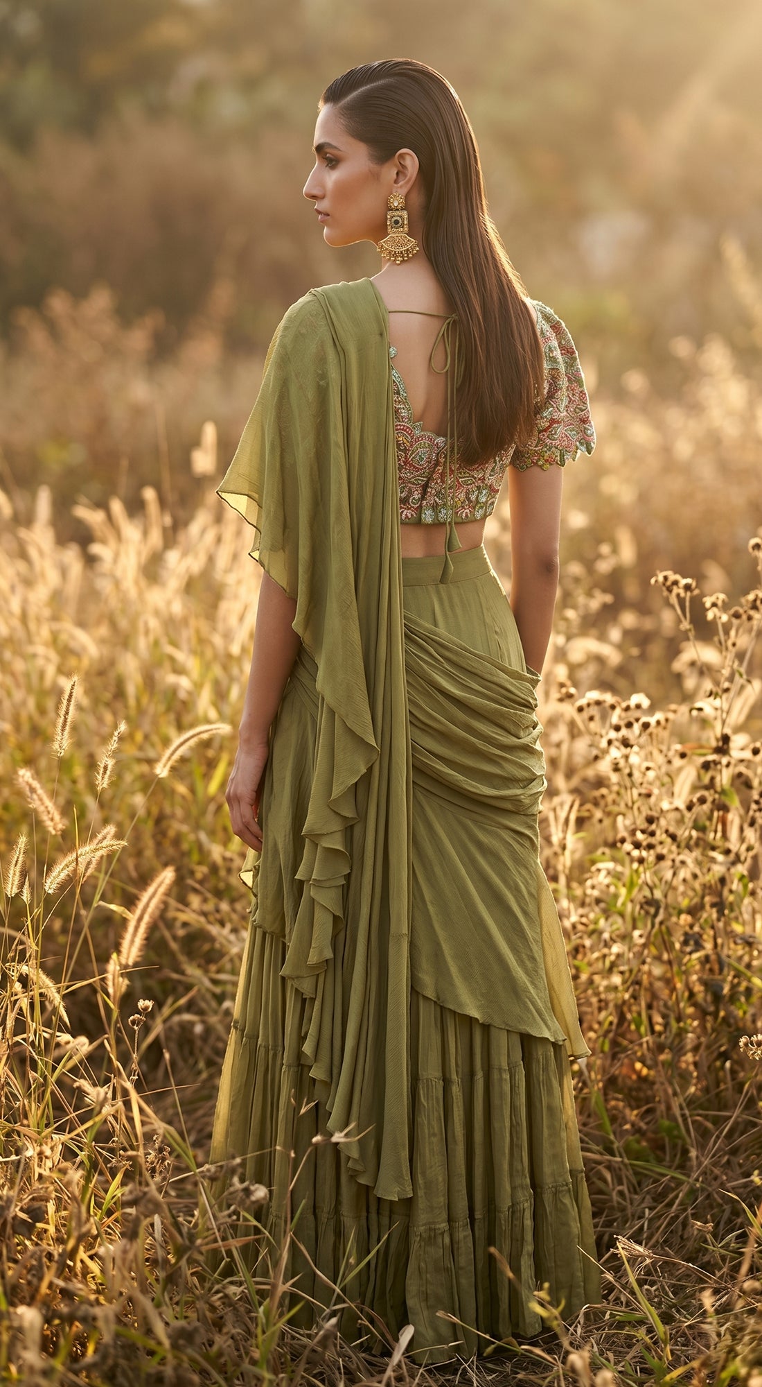 Olive-Green Chinon Embroidered Draped Saree