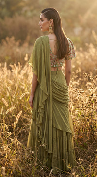 Olive-Green Chinon Embroidered Draped Saree